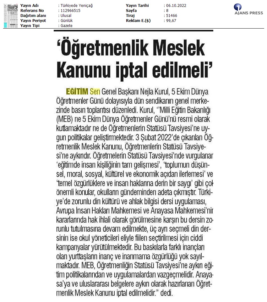 "Öğretmenlik Meslek Kanunu İptal Edilmeli" / Türkiye'de Yeniçağ