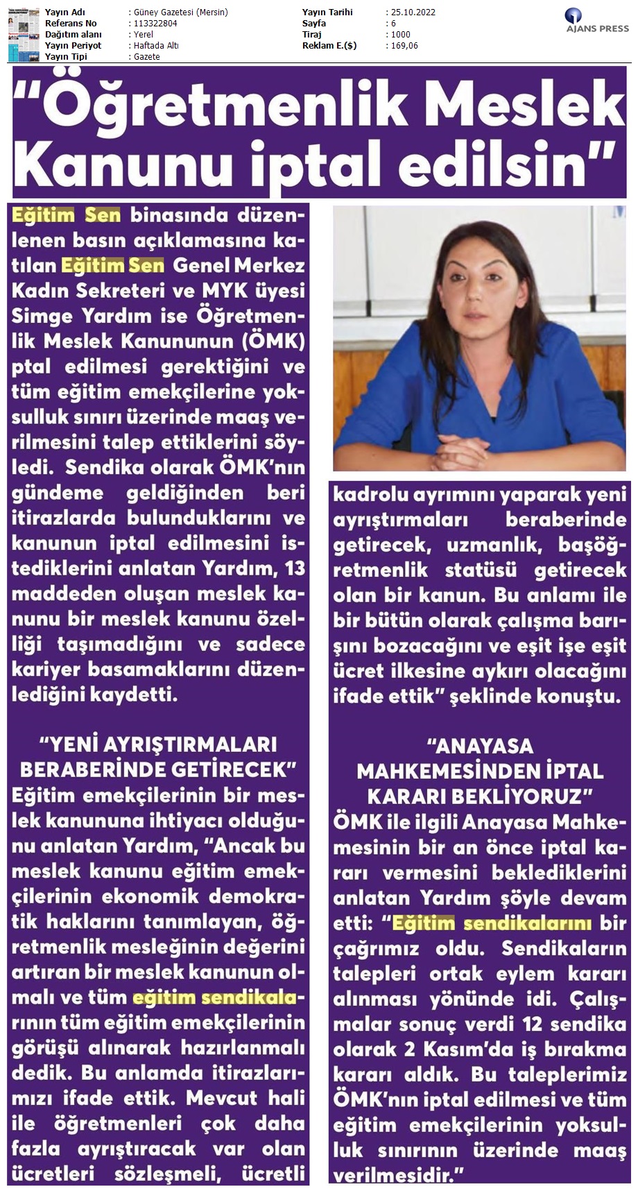 "Öğretmenlik Meslek Kanunu İptal Edilsin" / Güney Gazetesi