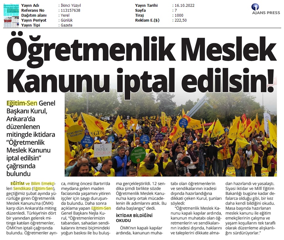 Öğretmenlik Meslek Kanunu İptal Edilsin! / İkinci Yüzyıl