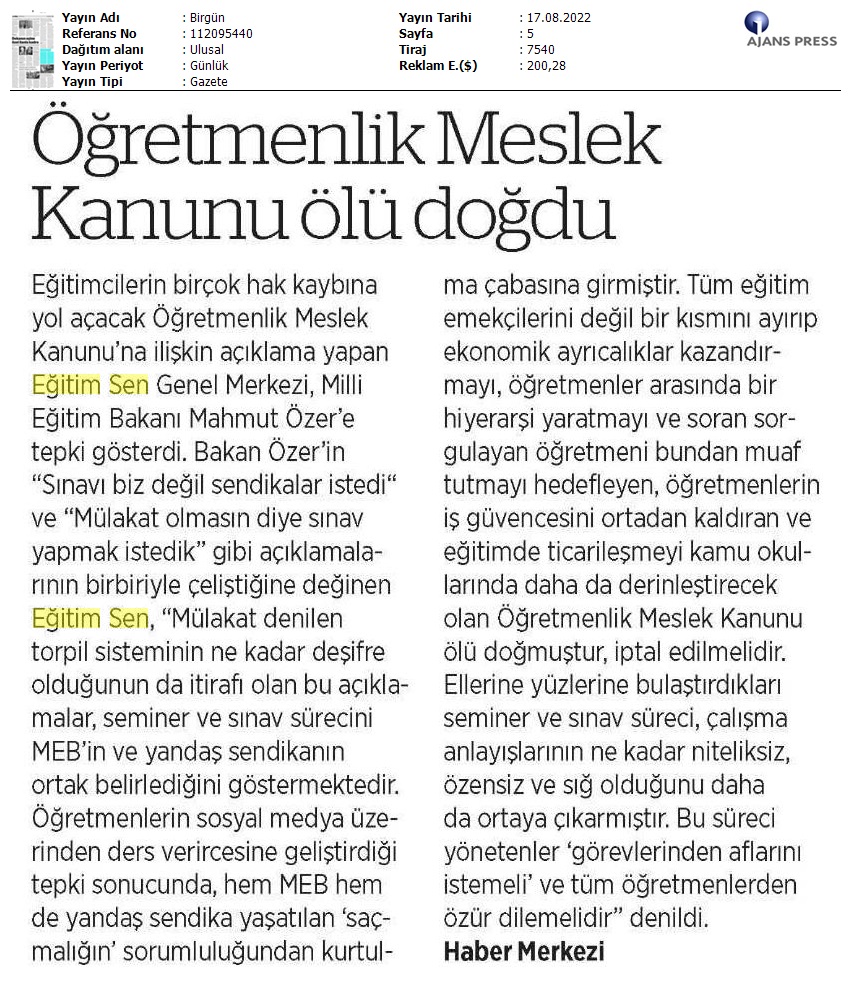 Öğretmenlik Meslek Kanunu Ölü Doğdu / BirGün