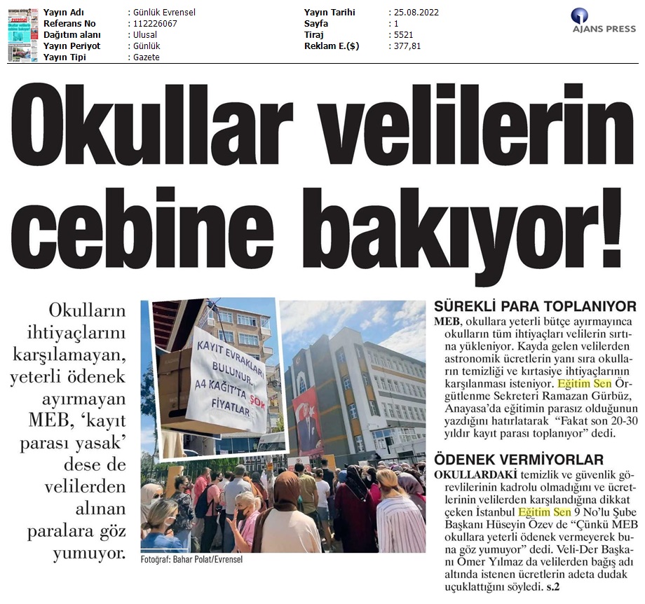 Okullar Velilerin Cebine Bakıyor! / Evrensel