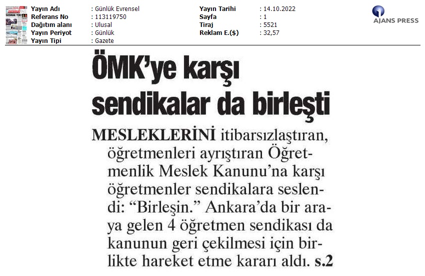 ÖMK'ye Karşı Sendikalar da Birleşti / Evrensel