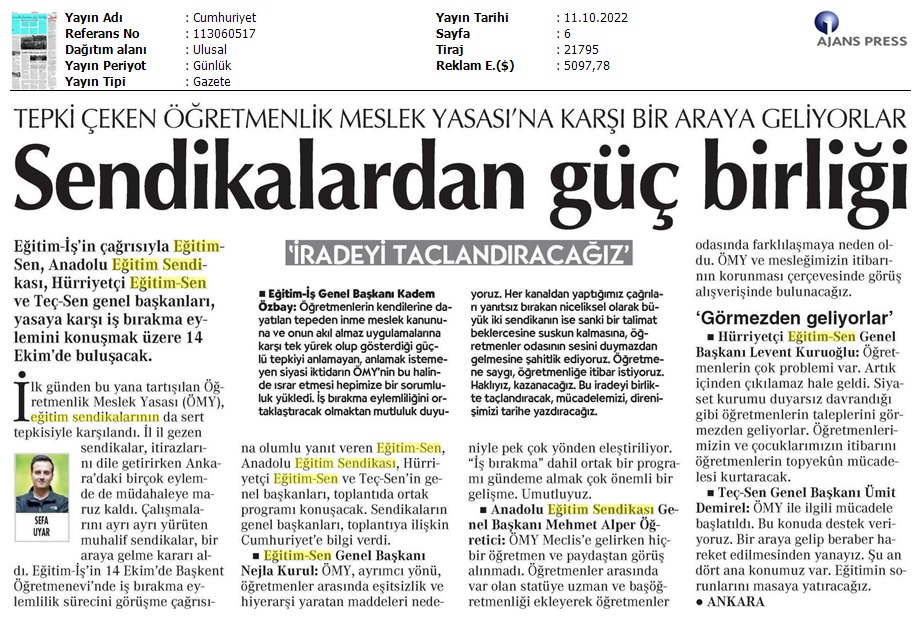 Sendikalardan Güç Birliği / Cumhuriyet