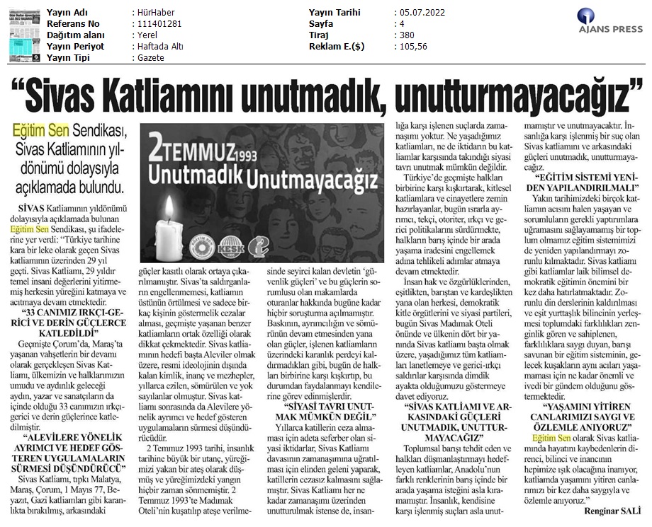 "Sivas Katliamını Unutmadık, Unutturmayacağız" / Hür Haber
