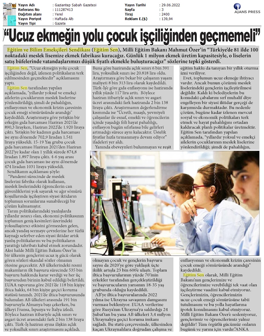 "Ucuz Ekmeğin Yolu Çocuk İşçiliğinden Geçmemeli" / Gaziantep Sabah Gazetesi