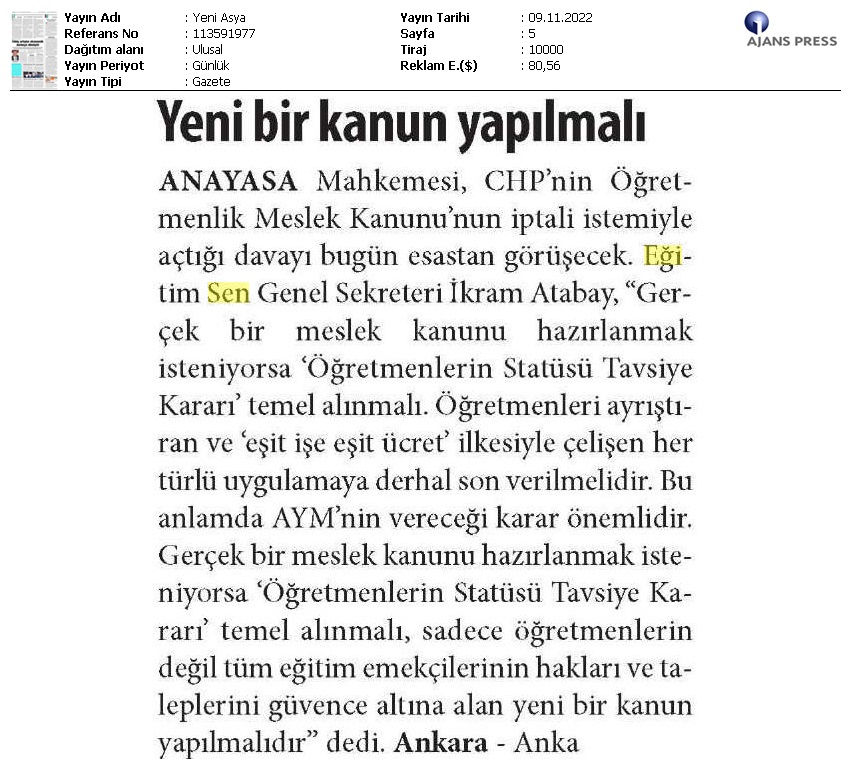 Yeni Bir Kanun Yapılmalı / Yeni Asya