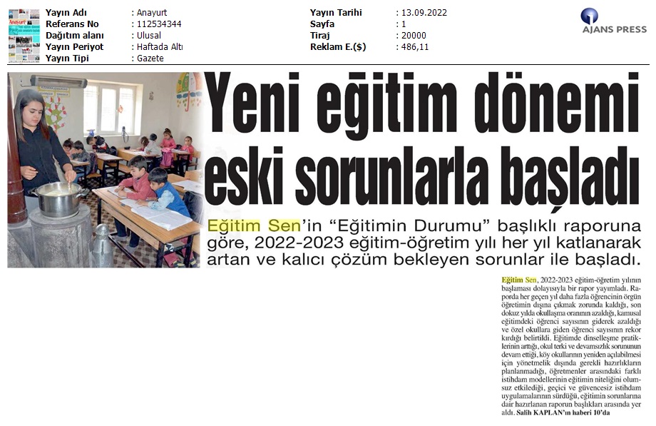 Yeni Eğitim Dönemi Eski Sorunlarla Başladı / Anayurt