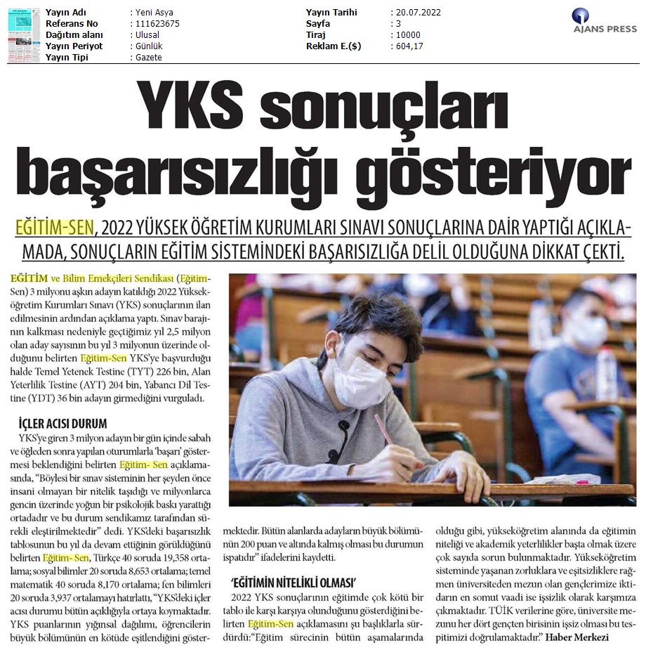 YKS Sonuçları Başarısızlığı Gösteriyor / Yeni Asya