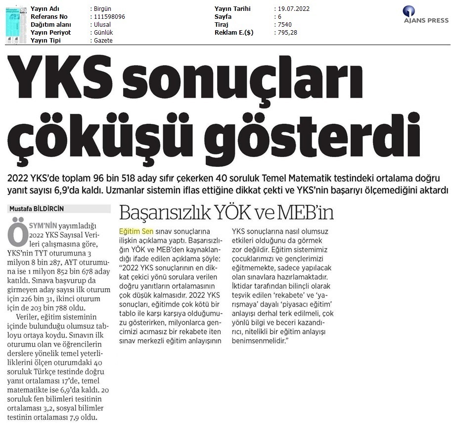 YKS Sonuçları Çöküşü Gösterdi / BirGün