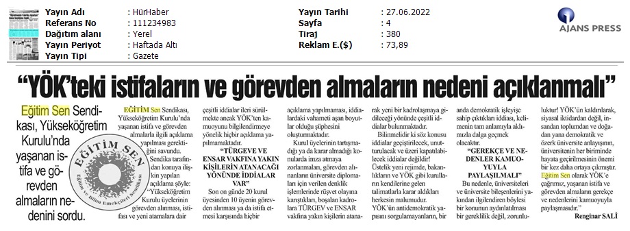 YÖK'teki İstifaların ve Görevden Almaların Nedeni Açıklanmalı / Hür Haber