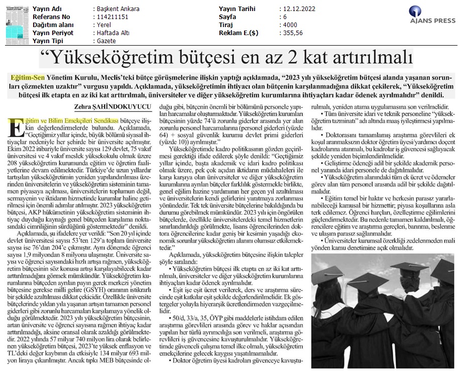 "Yükseköğretim Bütçesi En Az 2 Kat Artırılmalı" / Başkent Ankara