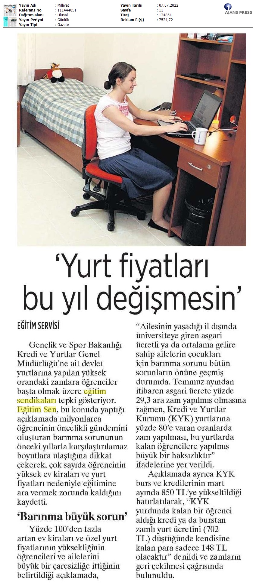 "Yurt Fiyatları Bu Yıl Değişmesin" / Milliyet