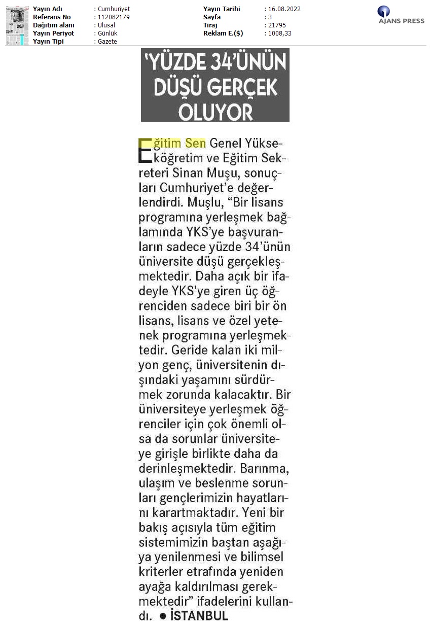 "Yüzde 34'ünün Düşü Gerçek Oluyor" / Cumhuriyet