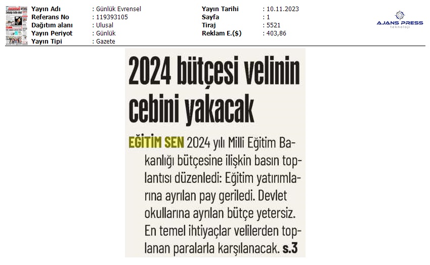2024 Bütçesi Velinin Cebini Yakacak / Evrensel