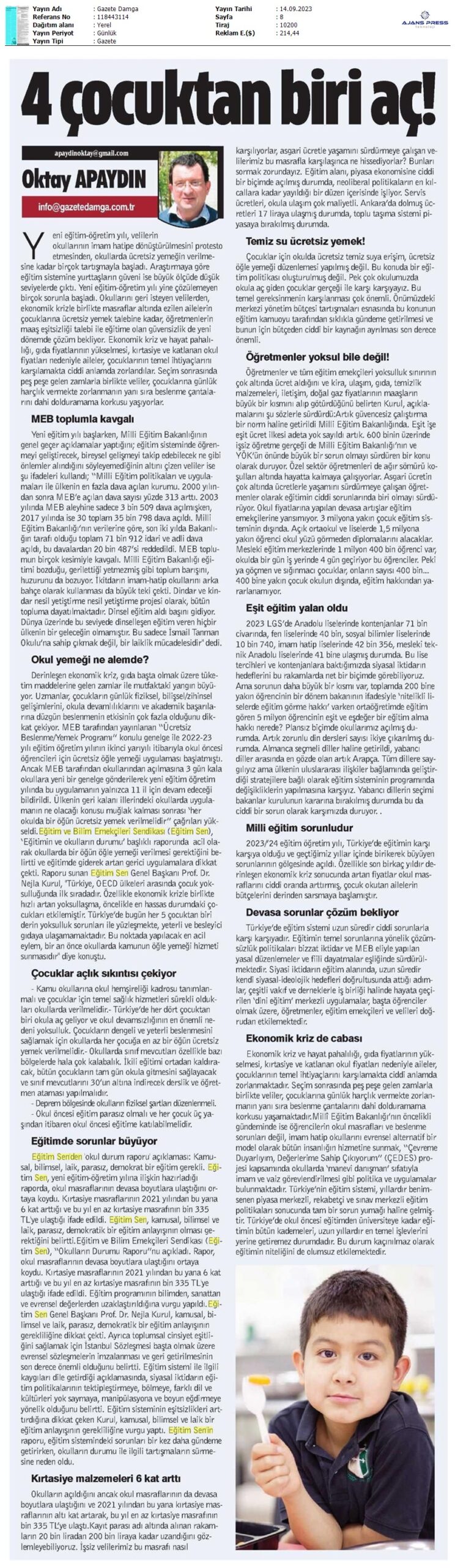 4 Çocuktan Biri Aç / Gazete Damga