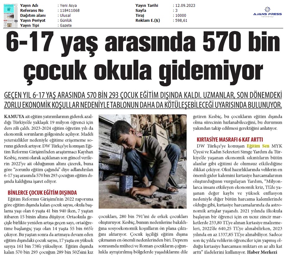 6-17 Yaş Arasında 570 Bin Çocuk Okula Gidemiyor / Yeni Asya