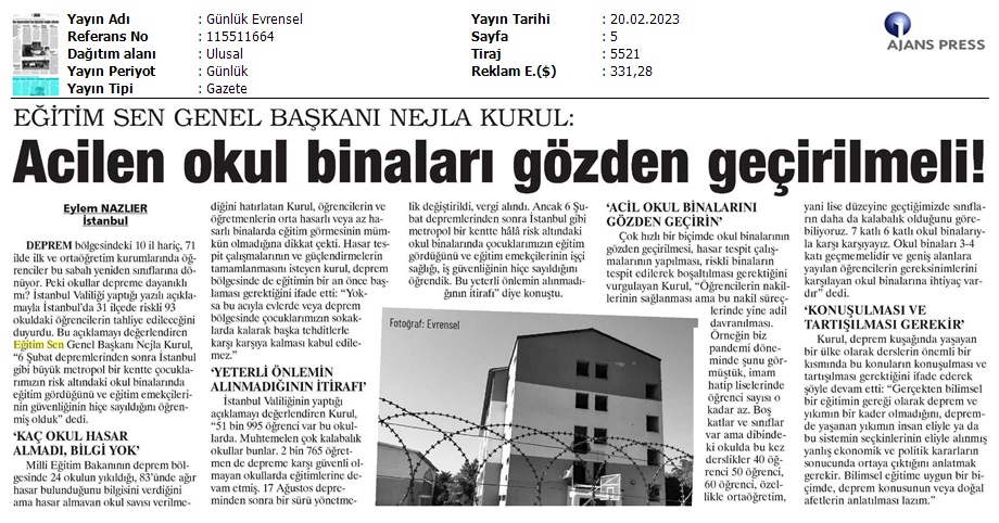 Acilen Okul Binaları Gözden Geçirilmeli! / Evrensel