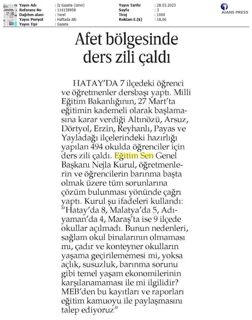 Afet Bölgesinde Ders Zili Çaldı / İz Gazete