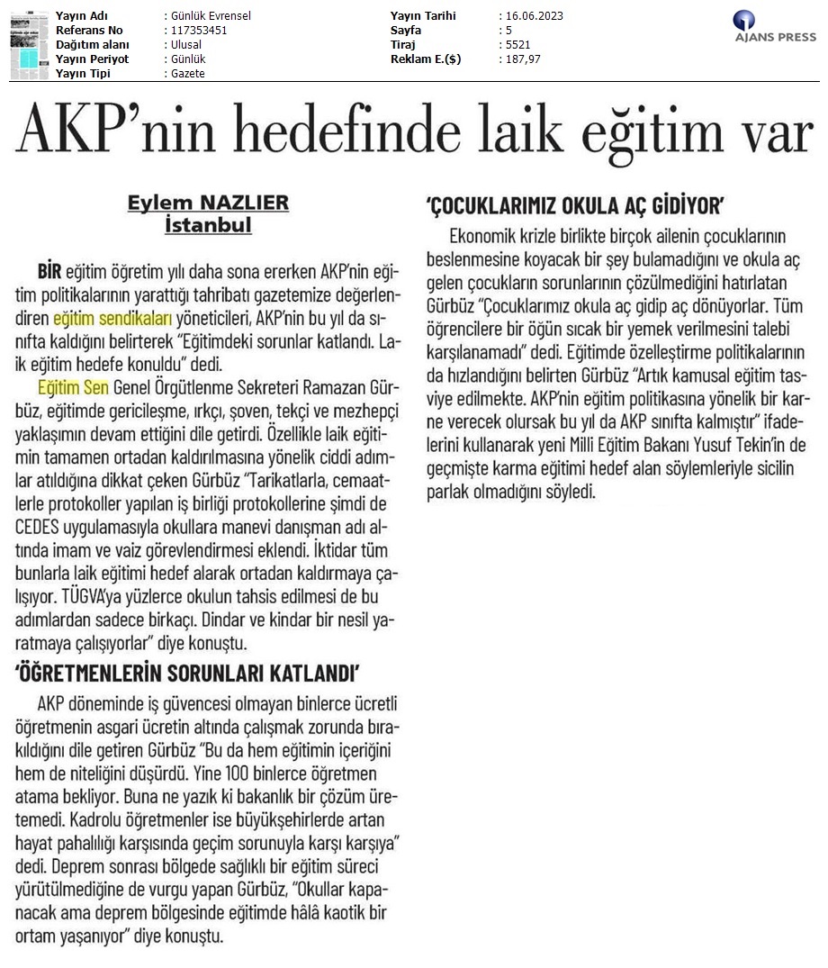 AKP'nin Hedefinde Laik Eğitim Var / Evrensel