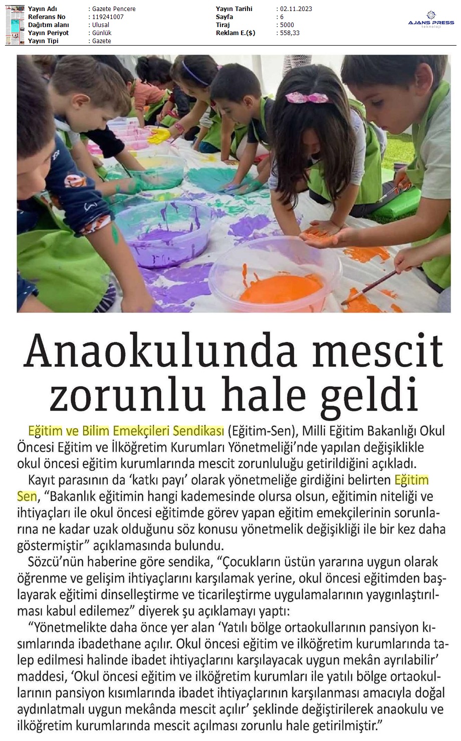 Anaokulunda Mescit Zorunlu Hale Geldi / Gazete Pencere