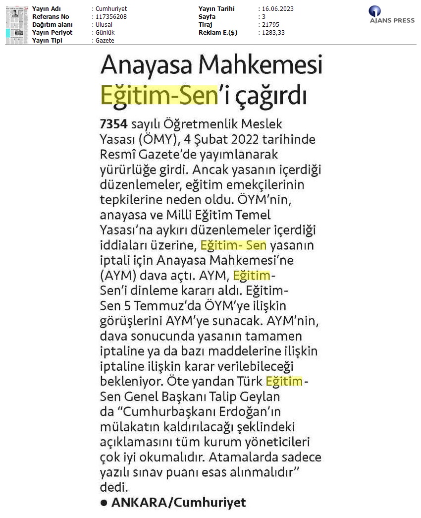 Anayasa Mahkemesi Eğitim Sen'i Çağırdı / Cumhuriyet