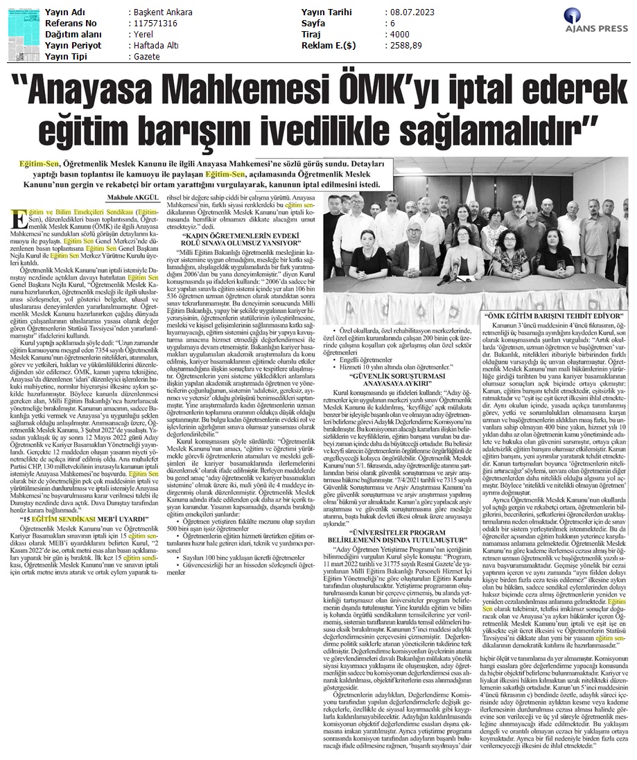 "Anayasa Mahkemesi ÖMK'yi İptal Ederek Eğitim Barışını İvedilikle Sağlamalıdır" / Başkent Ankara