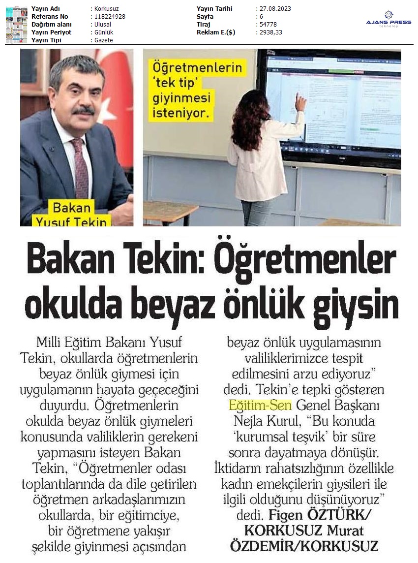 Bakan Tekin: Öğretmenler Okulda Beyaz Önlük Giysin / Korkusuz