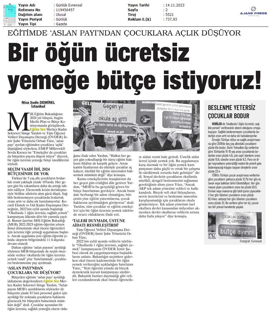 Bir Öğün Ücretsiz Yemeğe Bütçe İstiyoruz! / Evrensel