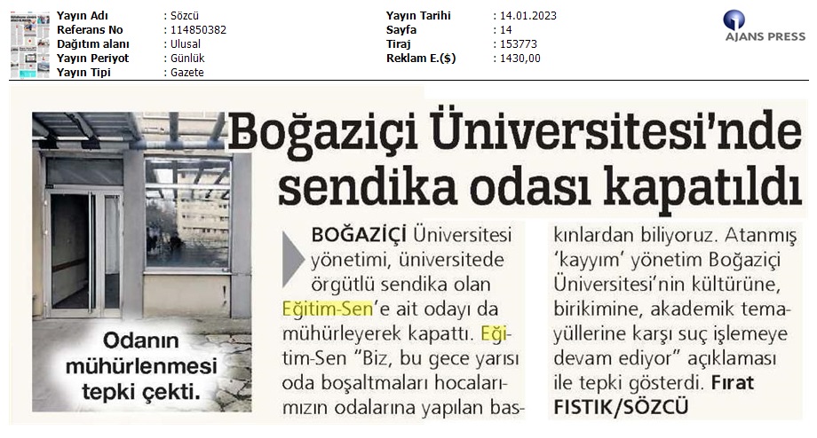 Boğaziçi Üniversitesi'nde Sendika Odası Kapatıldı / Sözcü