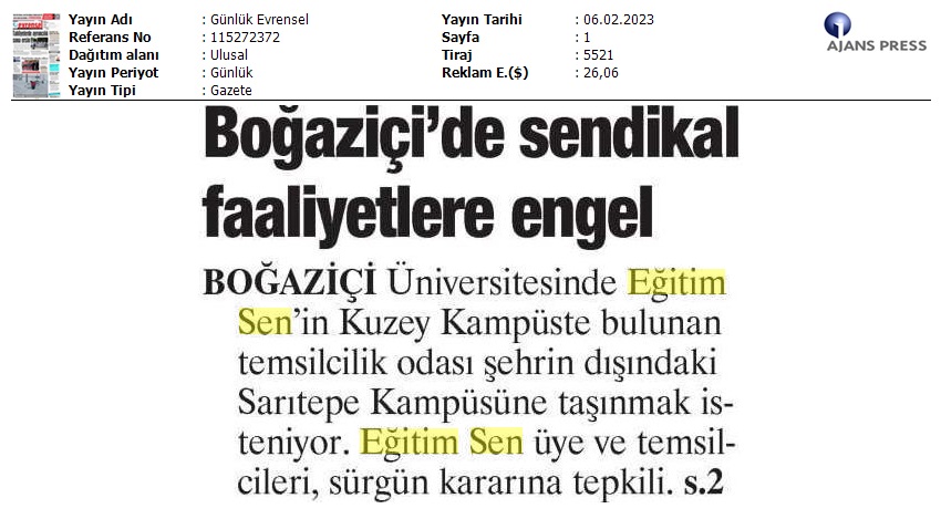 Boğaziçi Üniversitesi’nde Sendikal Faaliyetlere Engel / Evrensel