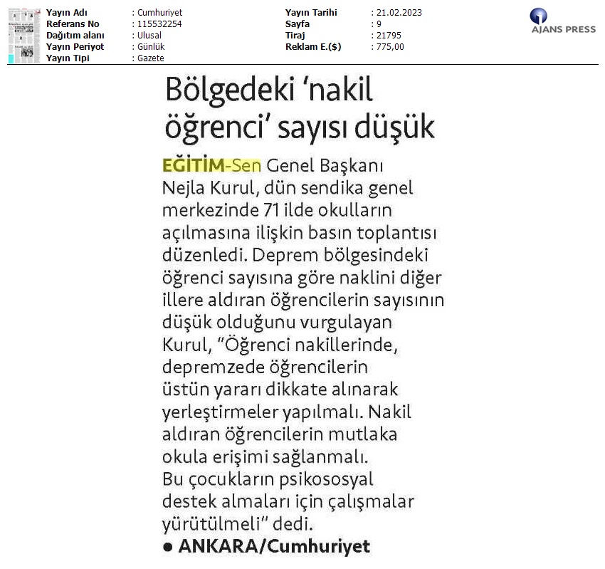 Bölgedeki 'Nakil Öğrenci' Sayısı Düşük / Cumhuriyet