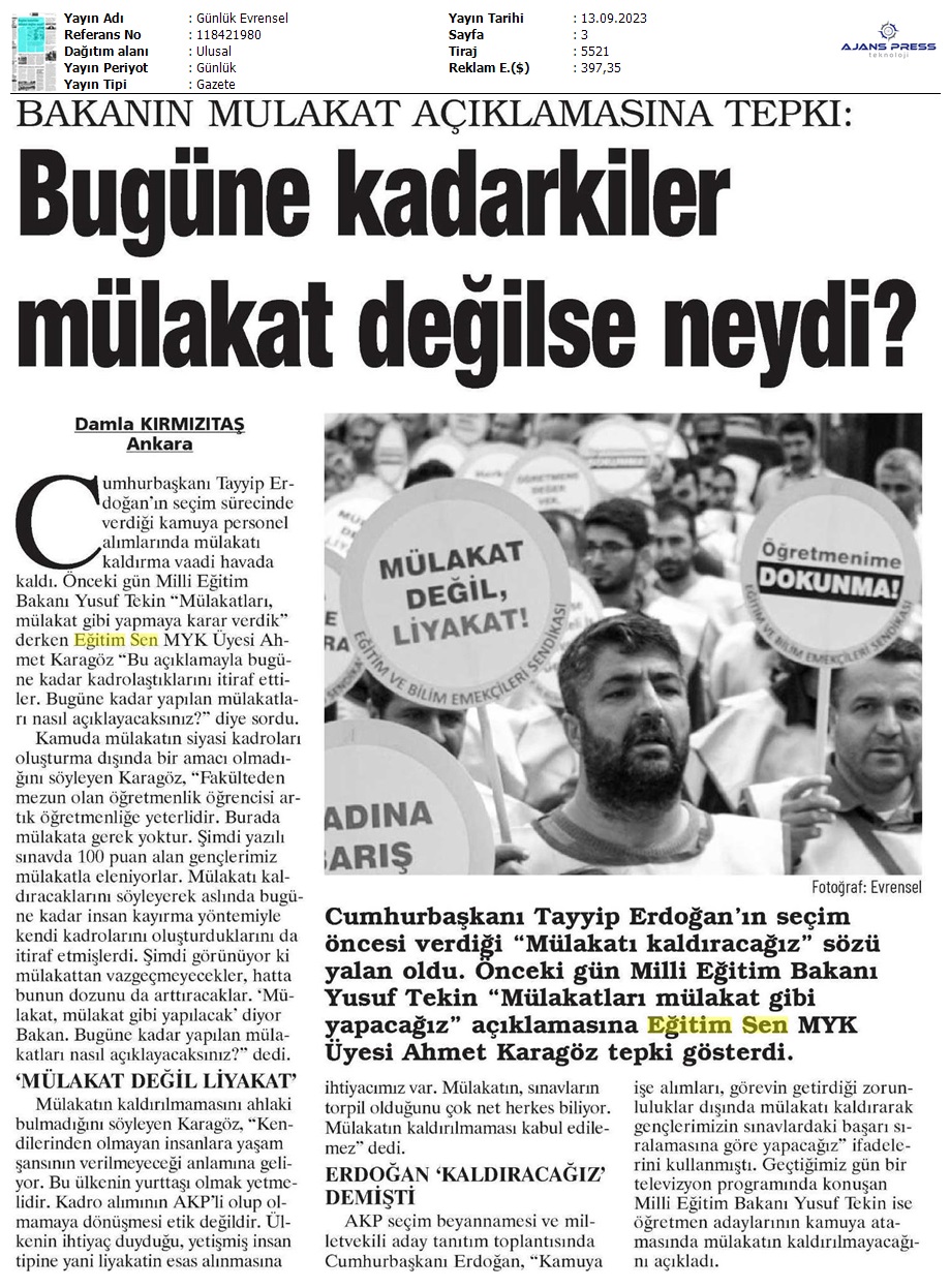 Bugüne Kadarkiler Mülakat Değilse Neydi? / Evrensel