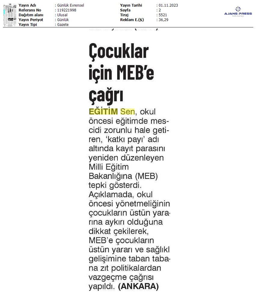 Çocuklar İçin MEB'e Çağrı / Evrensel