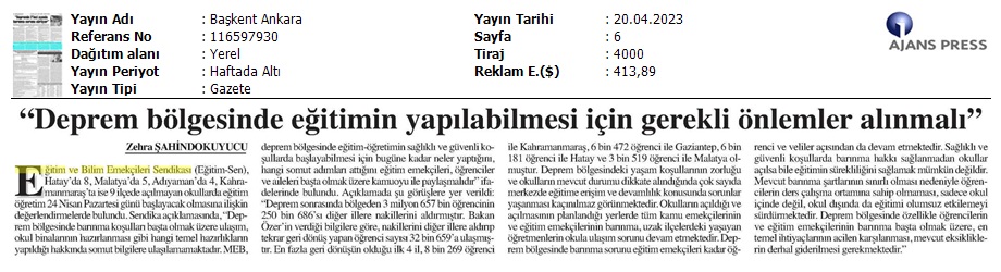 "Deprem Bölgesinde Eğitimin Yapılabilmesi İçin Gerekli Önlemler Alınmalı" /Başkent Ankara