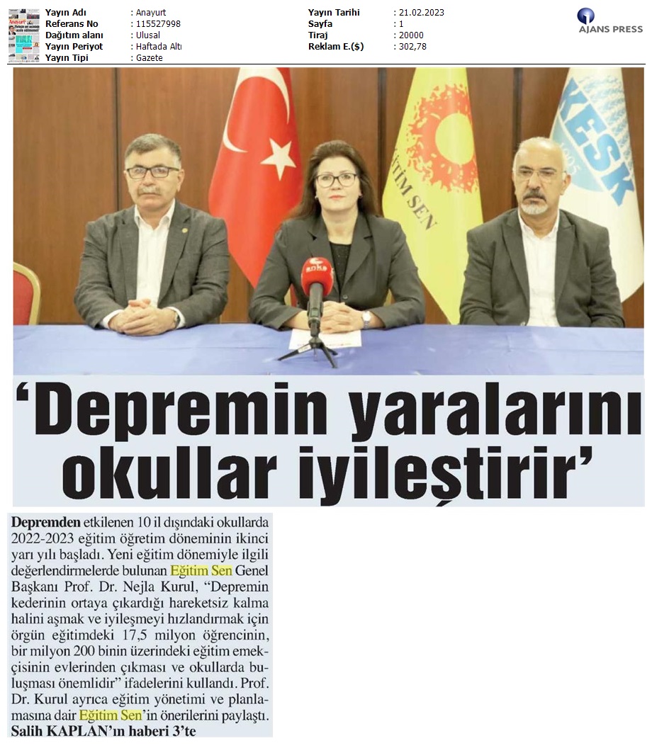 "Depremin Yaralarını Okullar İyileştirir" / Anayurt