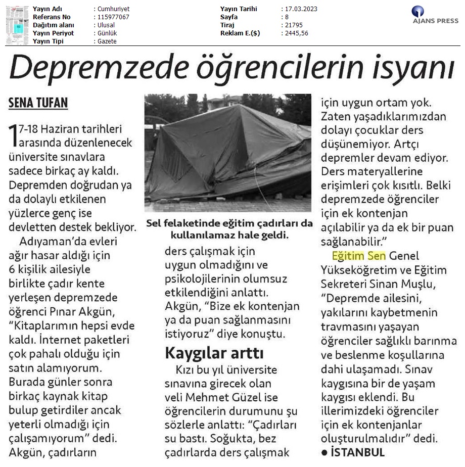 Depremzede Öğrencilerin İsyanı / Cumhuriyet
