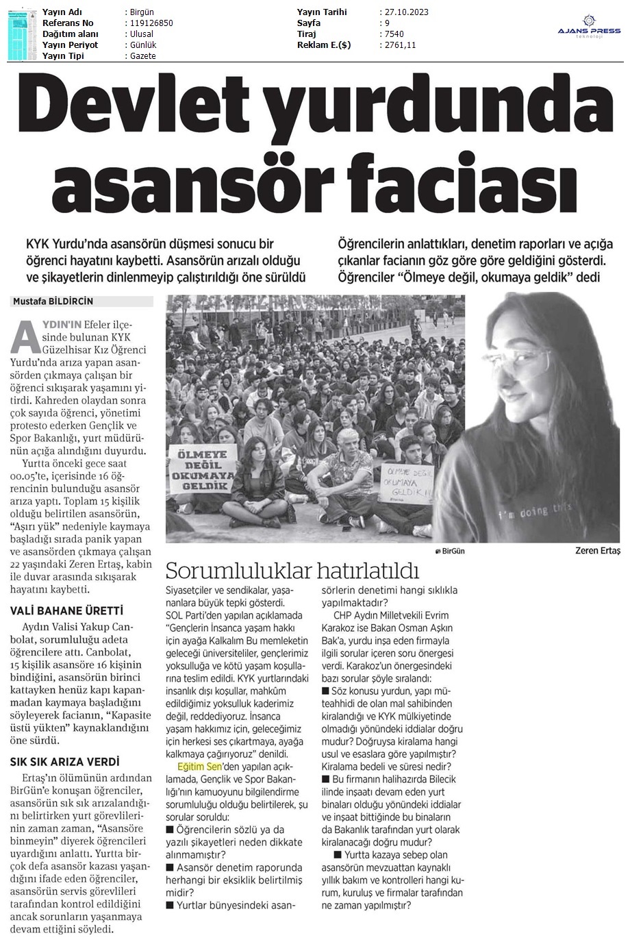 Devlet Yurdunda Asansör Faciası / Birgün