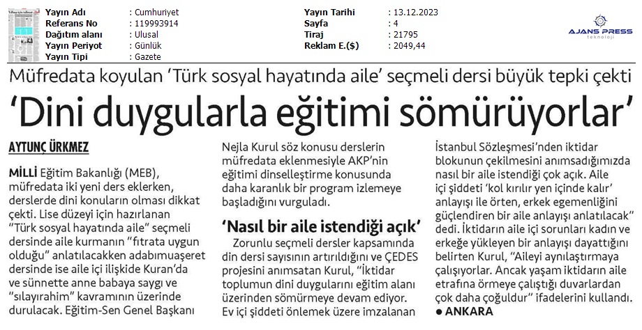 "Dini Duygularla Eğitimi Sömürüyorlar" / Cumhuriyet