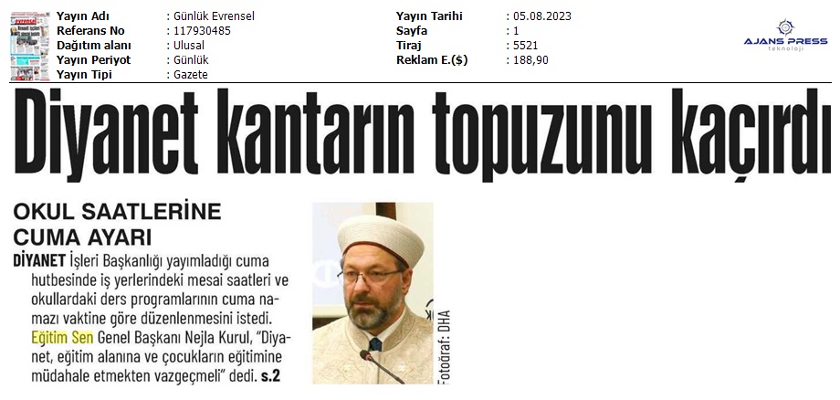 Diyanet, Mesai ve Okul Saatine de Karıştı / Evrensel