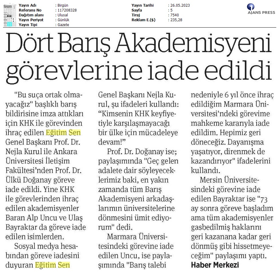 Dört Barış Akademisyeni Görevlerine İade Edildi / BirGün