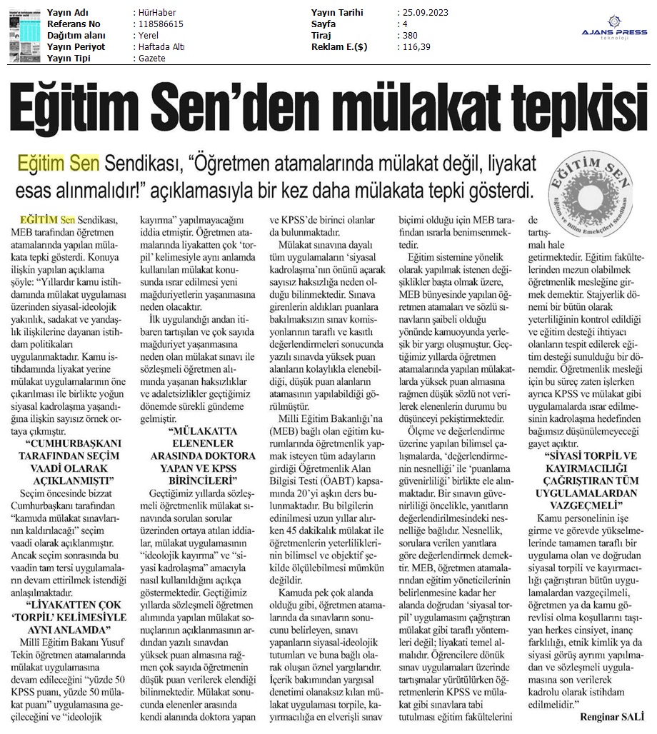 Eğilim Sen'den Mülakat Tepkisi / Hür Haber