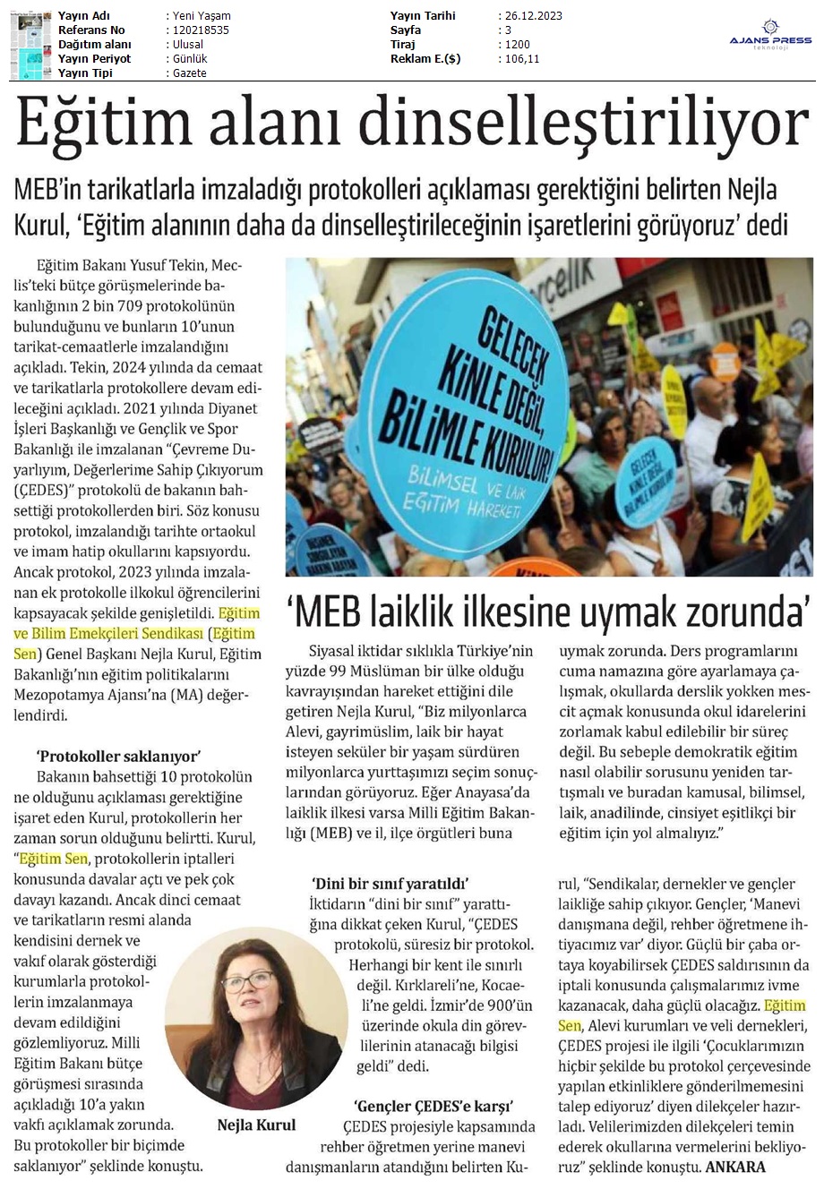 Eğitim Alanı Dinselleştiriliyor / Yeni Yaşam