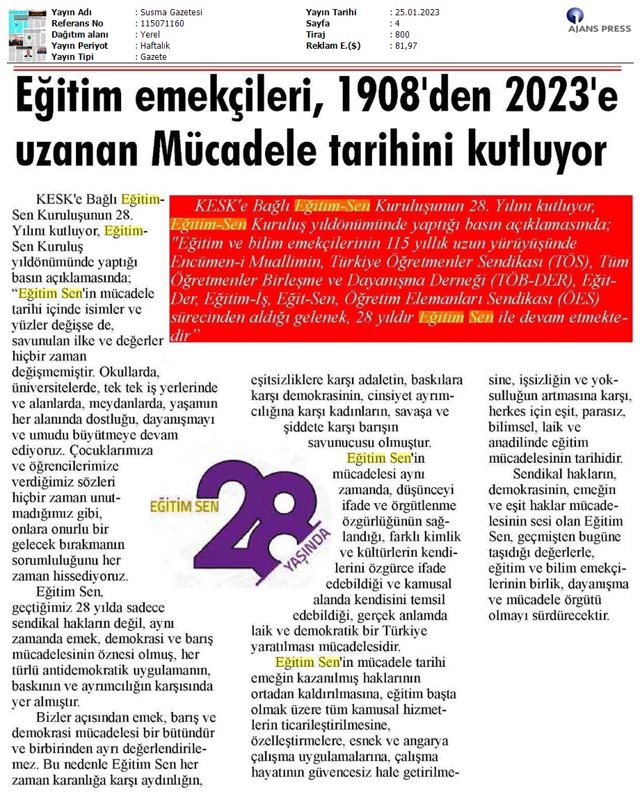 Eğitim Emekçileri 1908'den 2023'e Uzanan Mücadele Tarihini Kutluyor / Susma Gazetesi