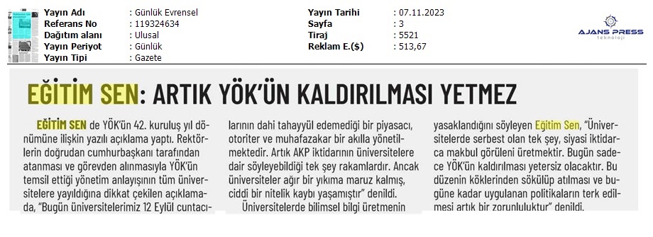 Eğitim Sen: Artık YÖK'ün Kaldırılması Yetmez / Evrensel