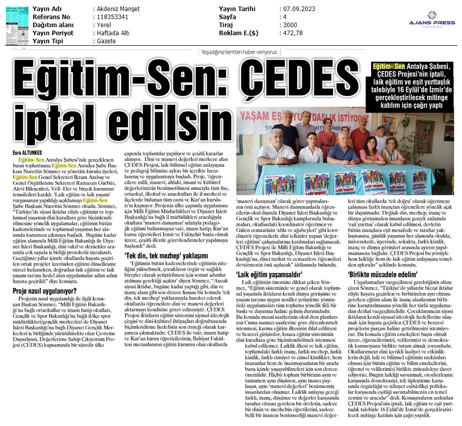Eğitim Sen: ÇEDES İptal Edilsin / Akdeniz Manşet