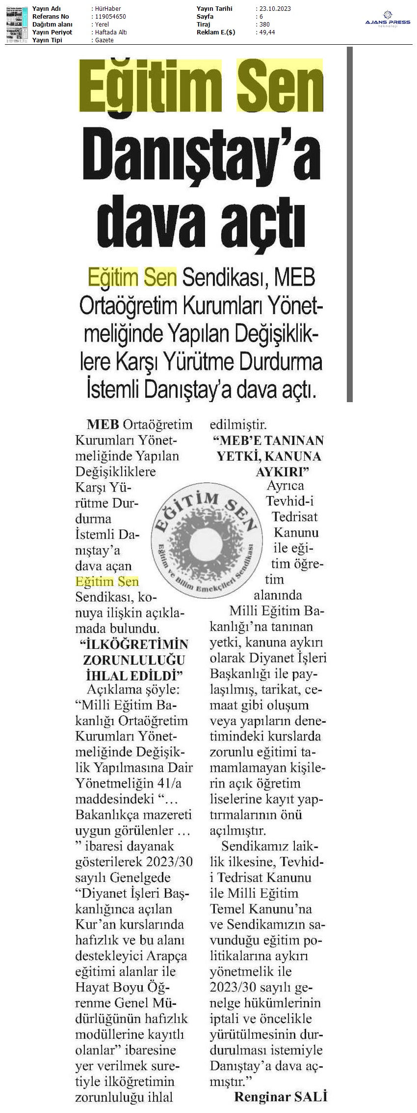 Eğitim Sen Danıştay'a Dava Açtı / Hür Haber