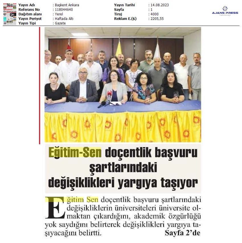Eğitim Sen Doçentlik Başvuru Şartlarındaki Değişiklikleri Yargıya Taşıyor / Başkent Ankara
