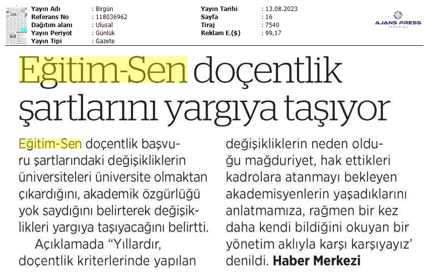 Eğitim Sen Doçentlik Şartlarını Yargıya Taşıyor / Birgün