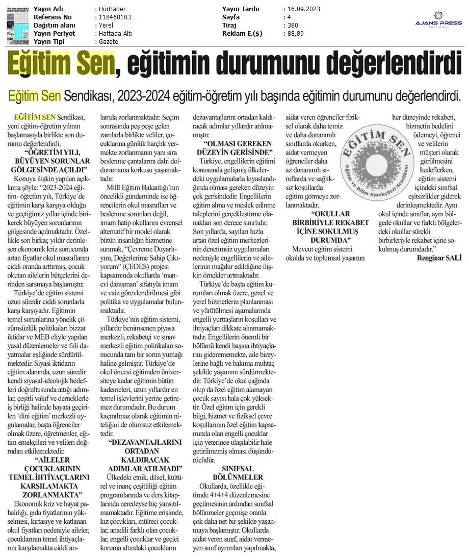 Eğitim Sen, Eğitimin Durumunu Değerlendirdi / Hür Haber