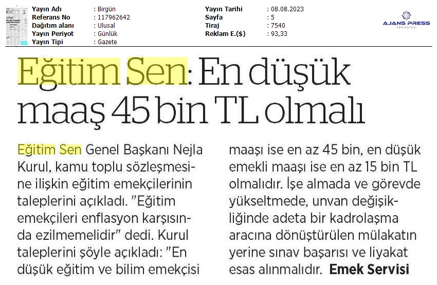 Eğitim Sen: En Düşük Maaş 45 Bin TL Olmalı / Birgün